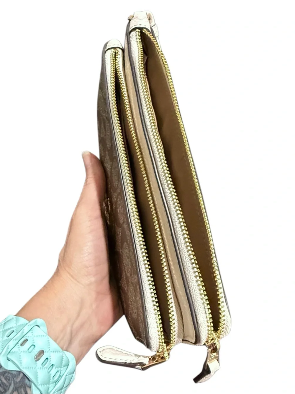 Coach C5576 Signature Canvas Double Zip Wallet Wristlet Brown Pebble Leather